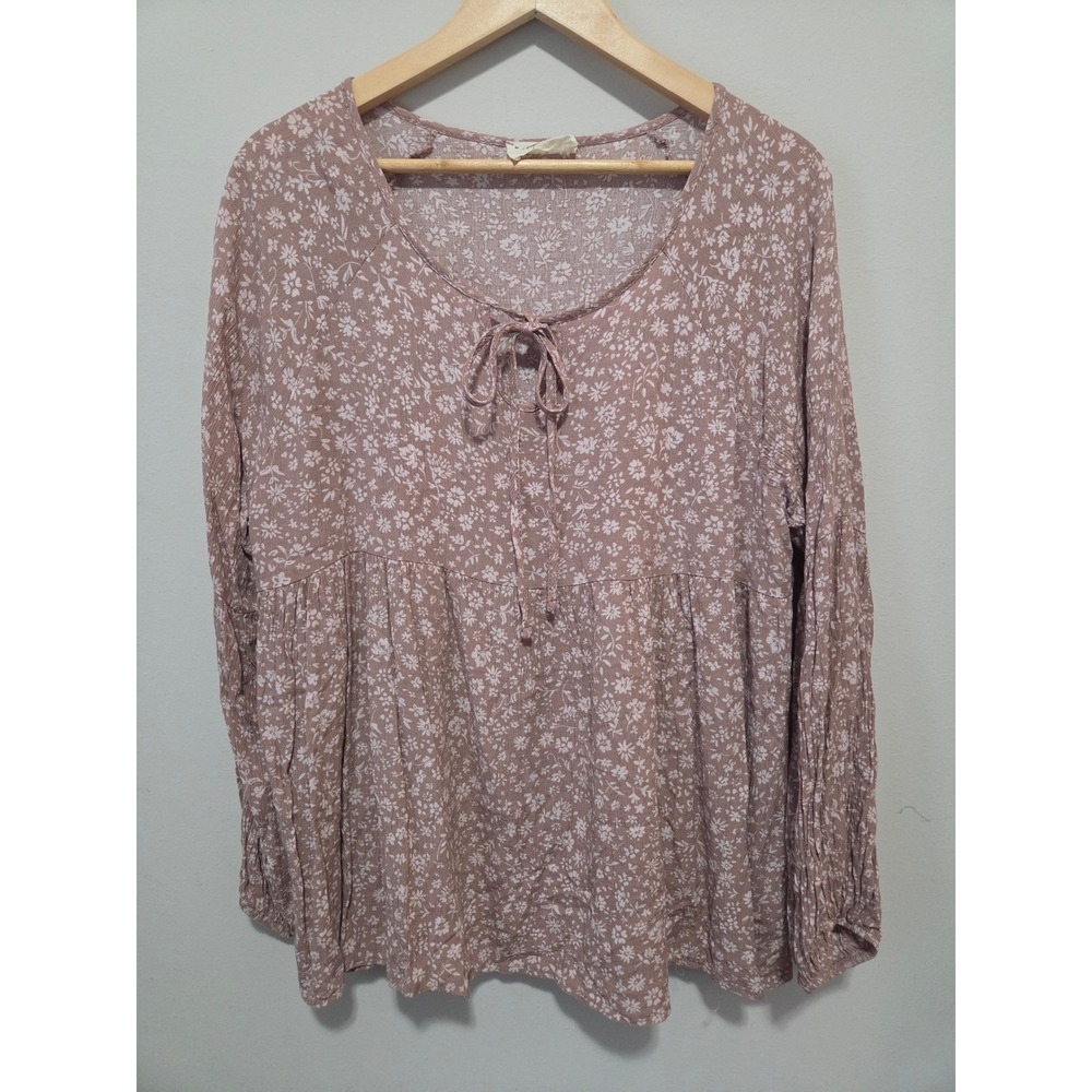 Dress Up Mauve Floral Babydoll Top Long Sleeve Peplum Gauze Blouse Boho Pink L
